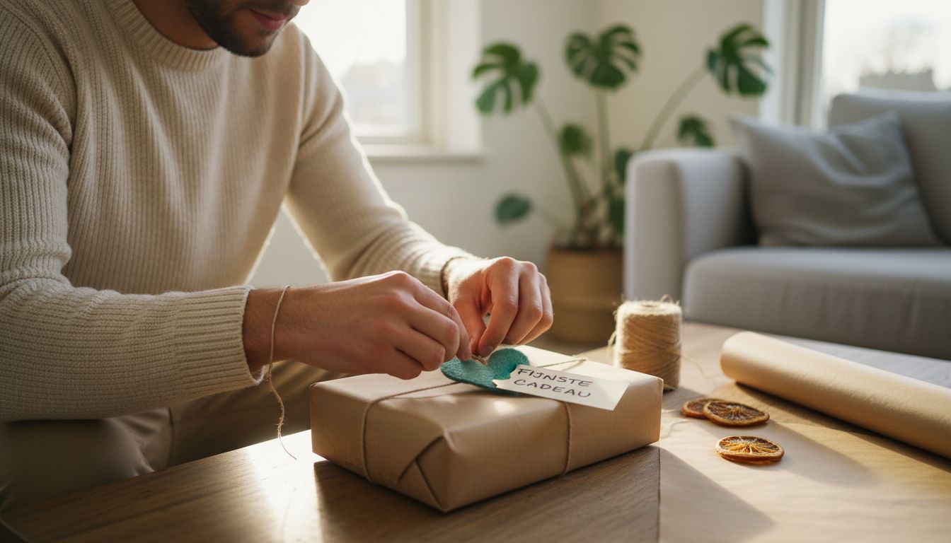 Iemand die een zelfgemaakt decoratie aan een ingepakt cadeau toevoegt