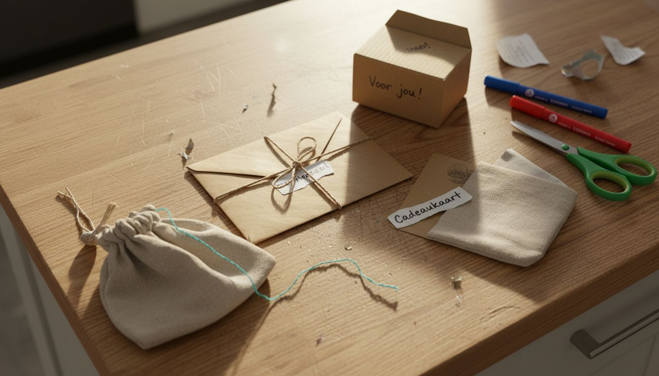 Verschillende cadeaubonnen liggen feestelijk verpakt op het keukeneiland.