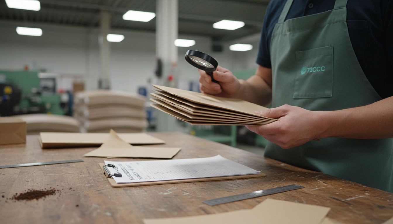 Een medewerker bekijkt de doorsnede van een meerlaagse kraftzak om de kwaliteit te controleren.