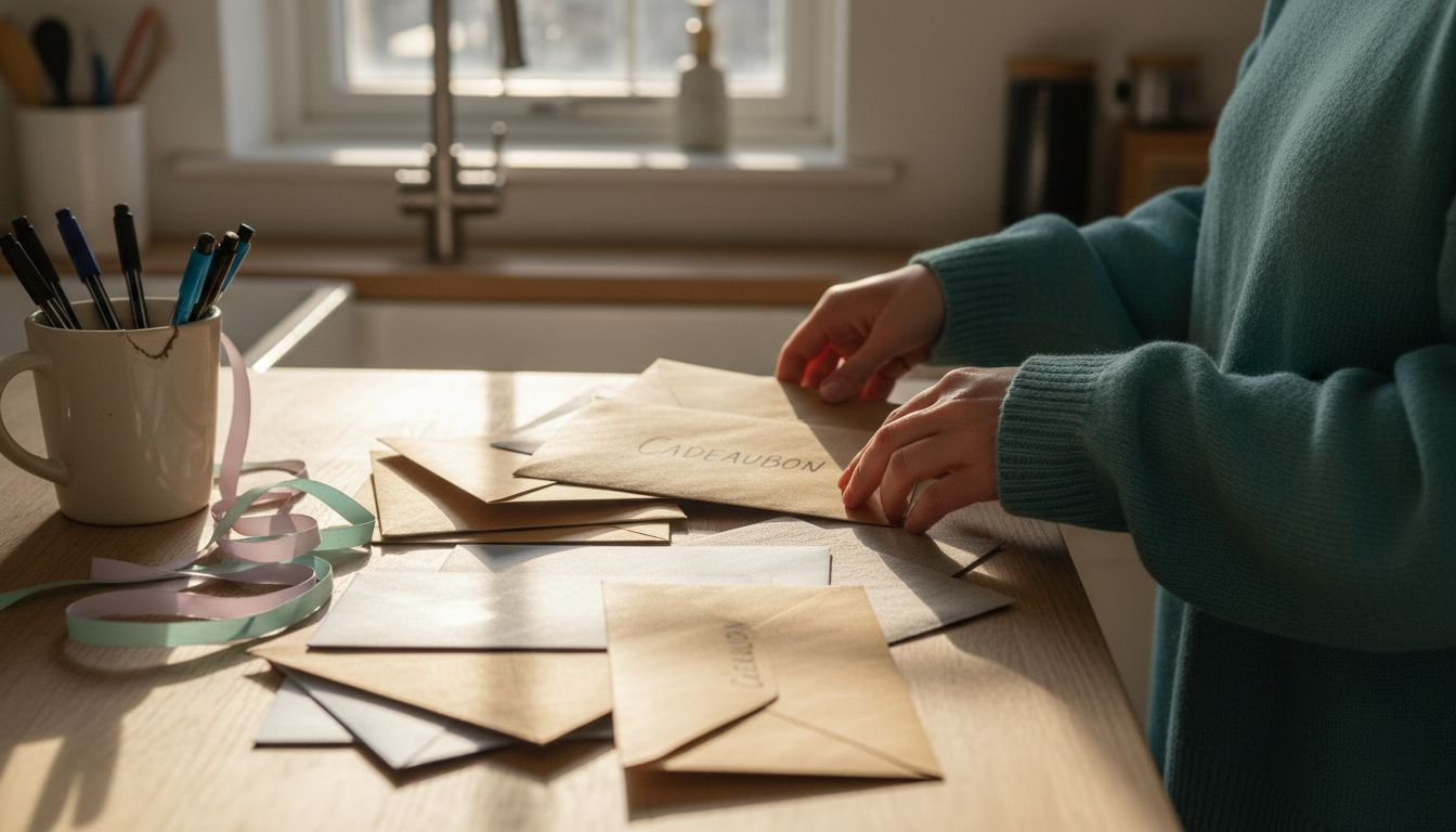 Handen die verschillende soorten cadeau-enveloppen uitzoeken en ordenen