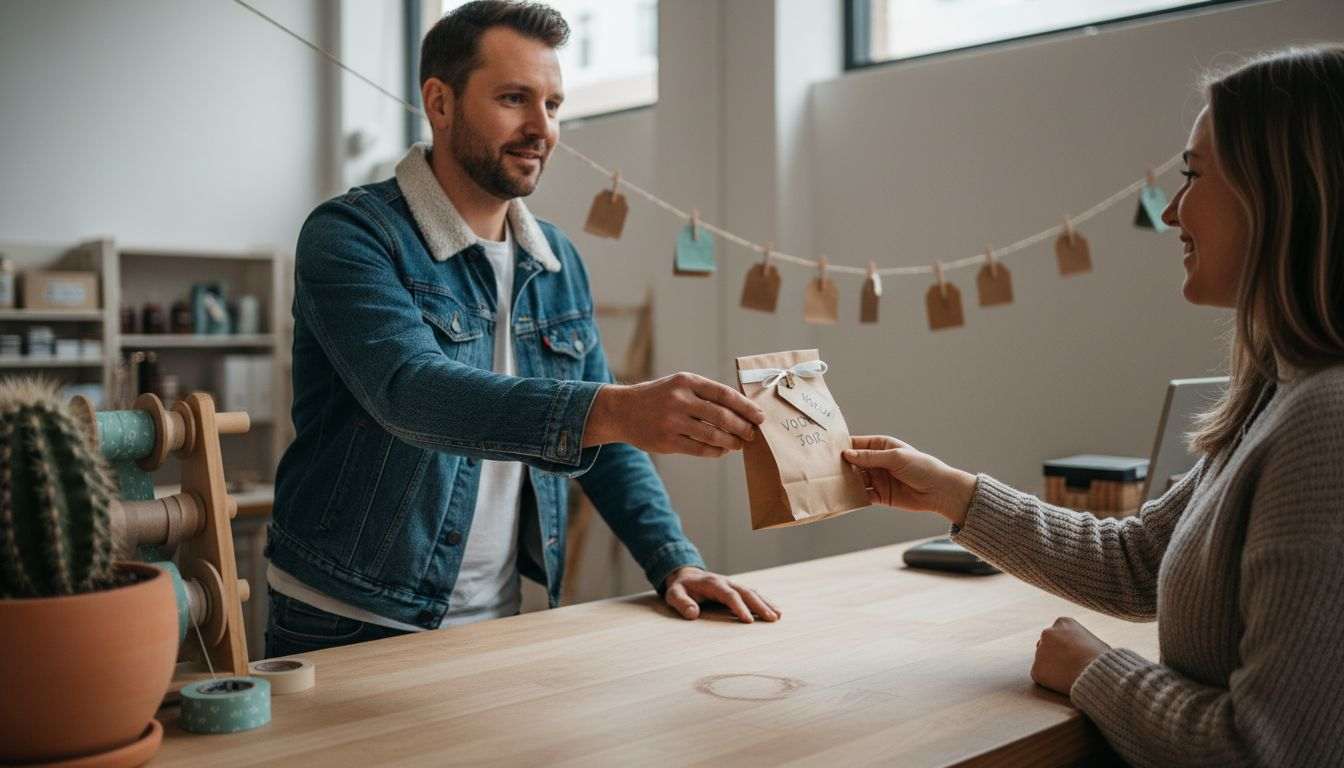 Een cadeauzakje wordt in de winkel aan de klant gegeven.
