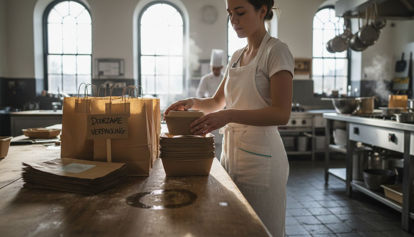 Een collega is in de keuken bezig met het netjes ordenen van duurzame verpakkingen.