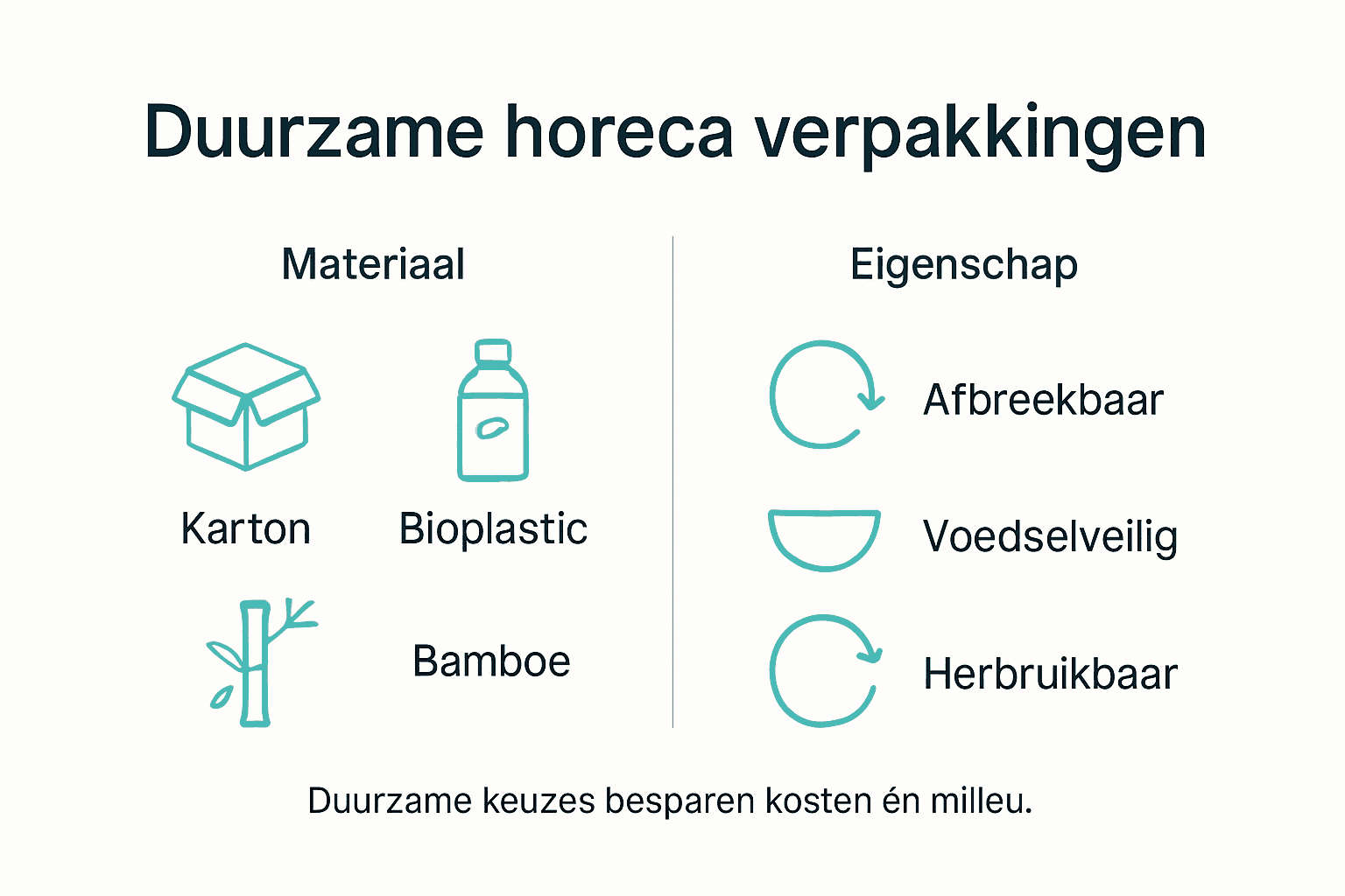 Overzicht, in beeld gebracht: duurzame verpakkingsmaterialen voor de horeca en hun belangrijkste eigenschappen