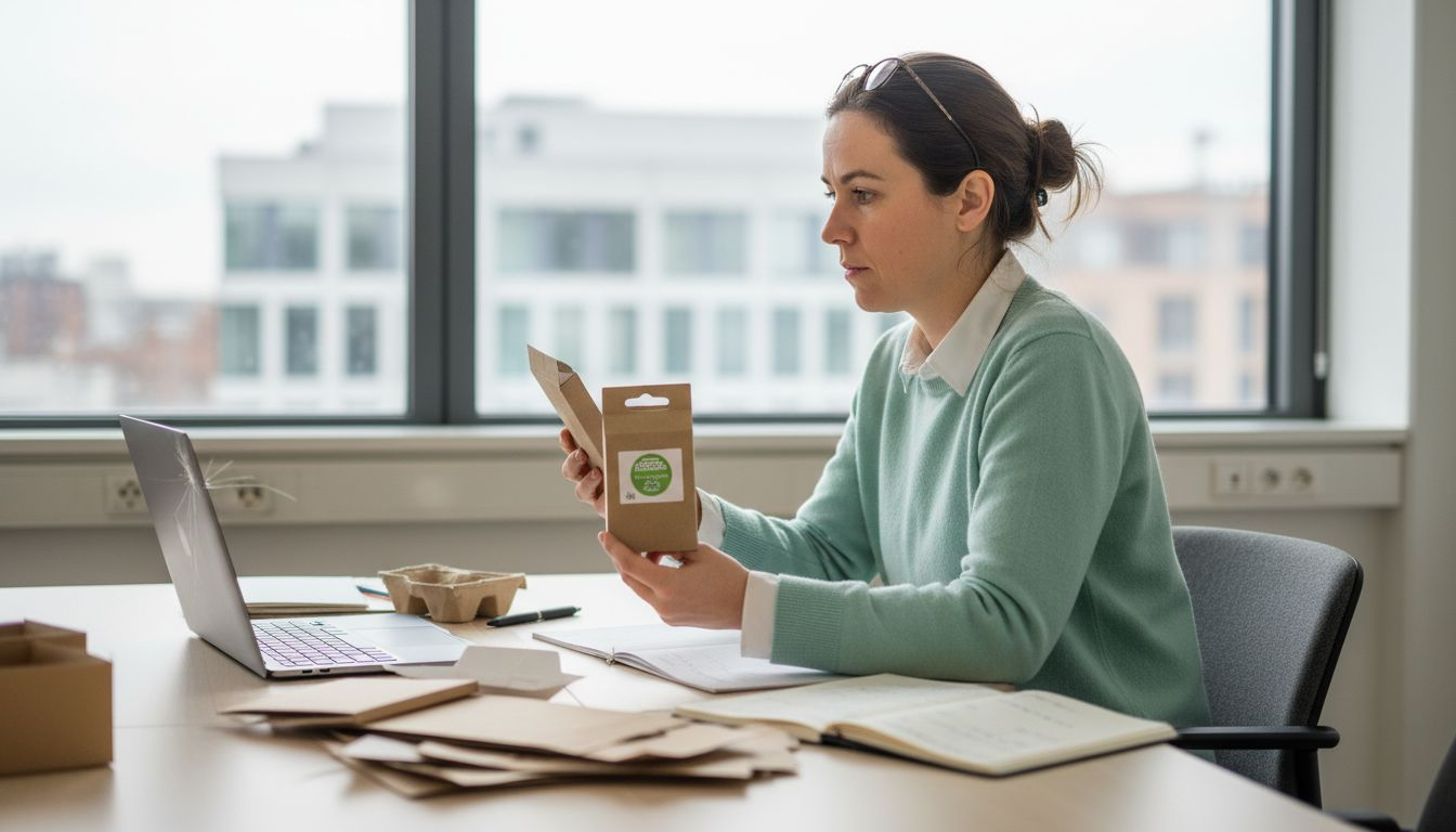Een vrouw bekijkt of de verpakking aan de duurzaamheidscriteria voldoet.
