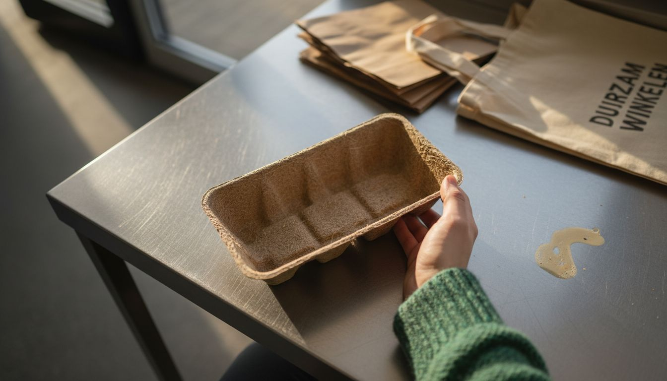 Hand houdt een duurzame verpakking vast, gemaakt van landbouwafval