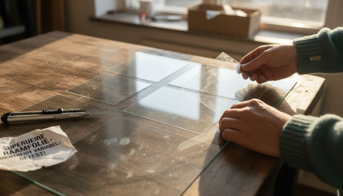 Twee handen bekijken en vergelijken verschillende transparante foliestalen.