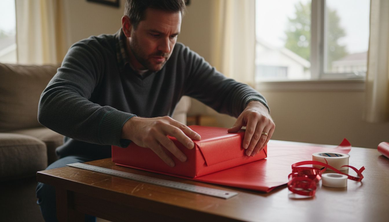 Een man vouwt het papier strak en netjes om een groot cadeau.