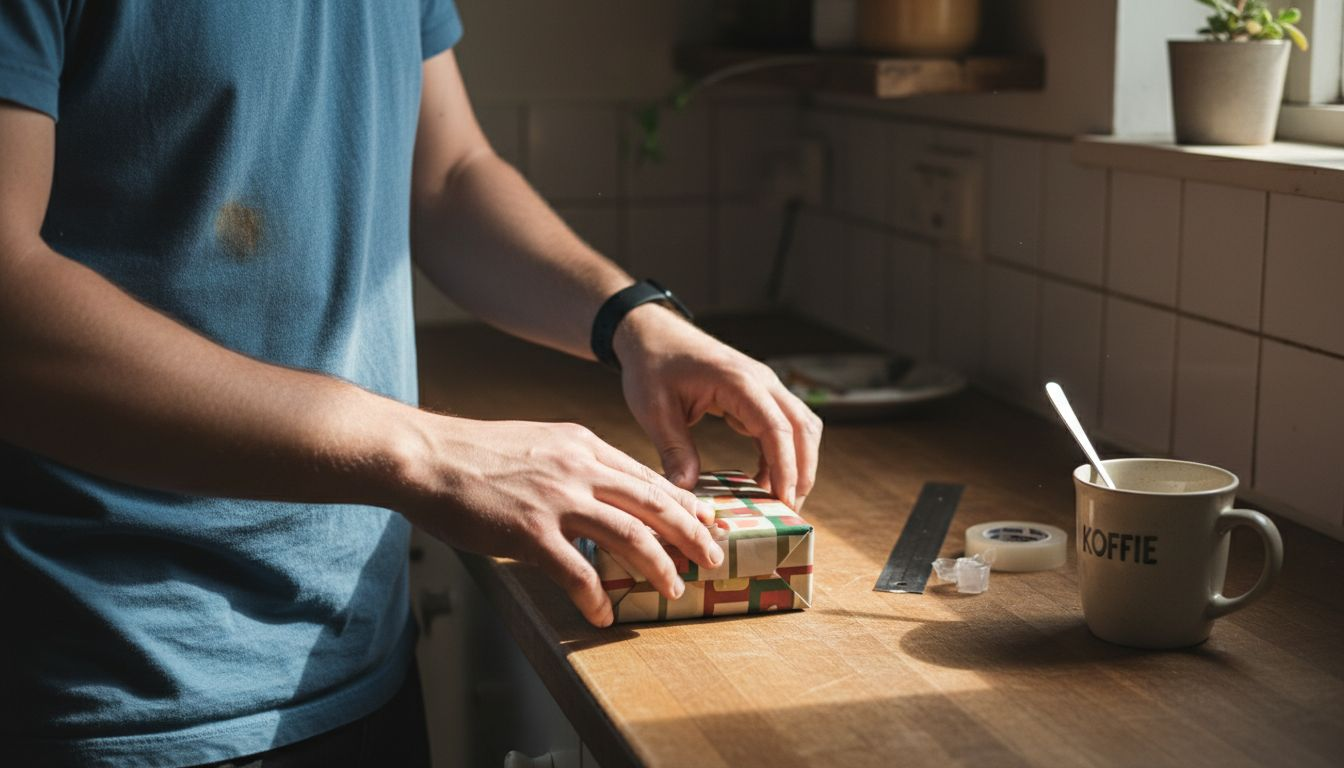 Man pakt cadeau zorgvuldig in en gebruikt een liniaal voor strakke vouwen.