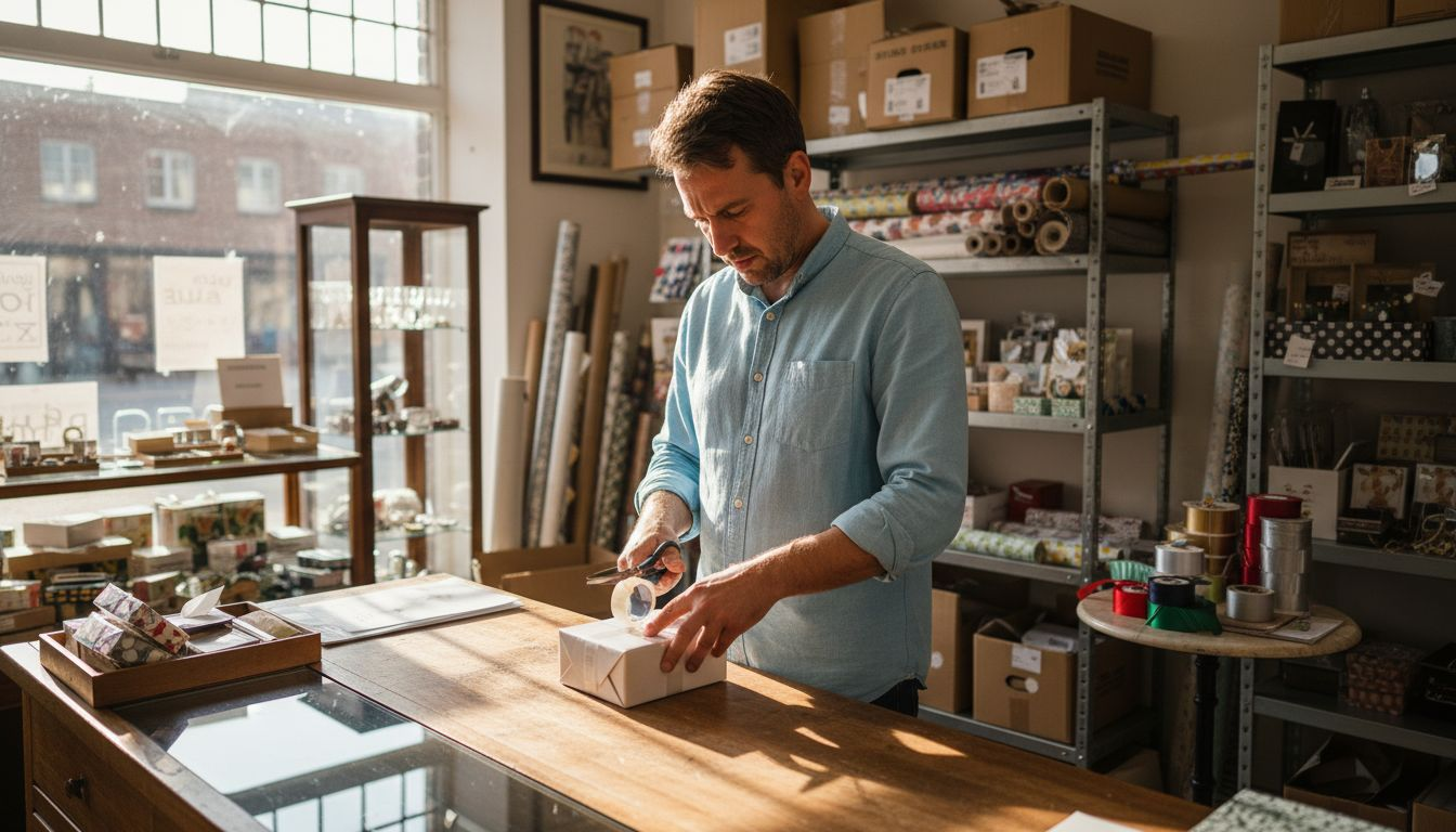 Een man wikkelt een klein doosje zorgvuldig in wit cadeaupapier.