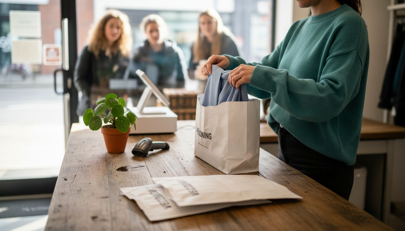 Achter de toonbank stopt een medewerker kleding in een verzendzak, klaar om te versturen.