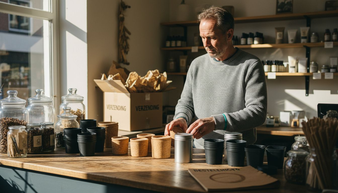 Winkelmedewerker verzamelt en sorteert Lush verpakkingen voor duurzaam hergebruik.