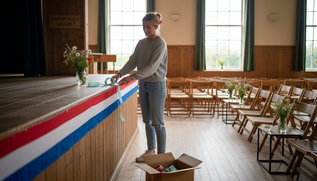 Het podium in de dorpshuiszaal is sfeervol aangekleed met kleurrijke linten.