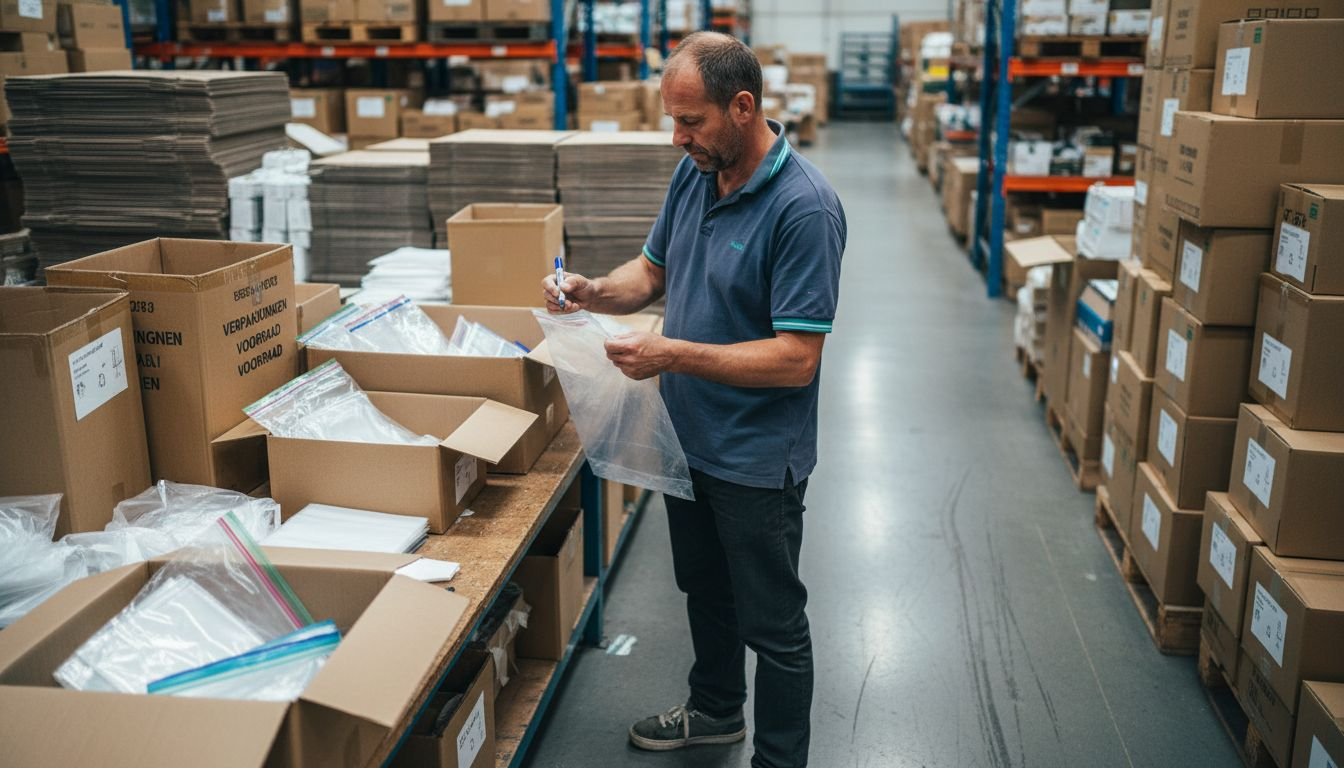 De leidinggevende bekijkt en vergelijkt verschillende soorten plastic tasjes.
