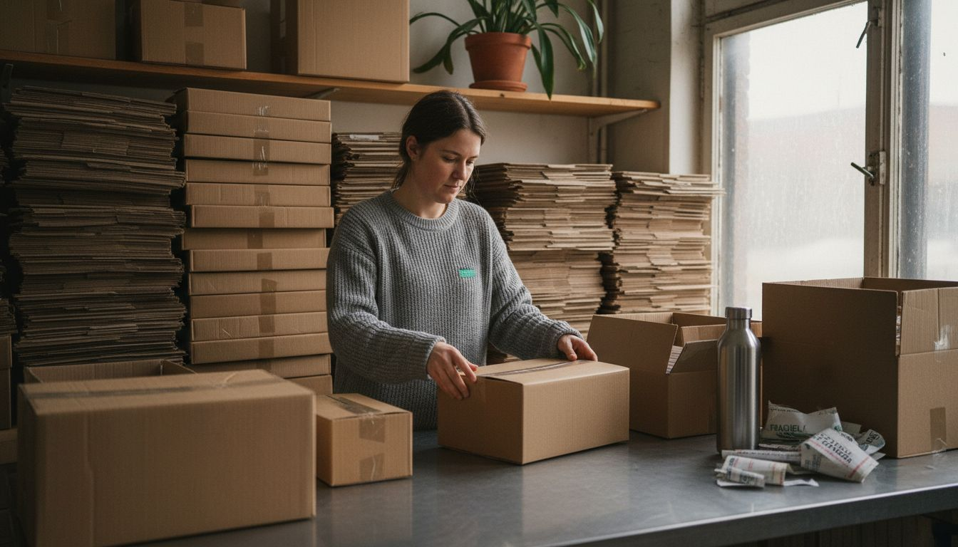 Een medewerker is bezig met het sorteren van gebruikte kartonnen dozen voor recycling.