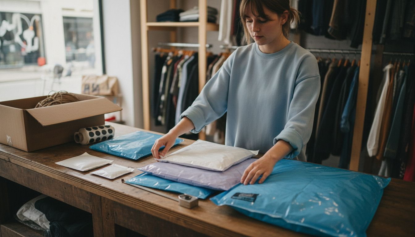 Een medewerker laat aan de balie de verschillende formaten verzendzakken zien.