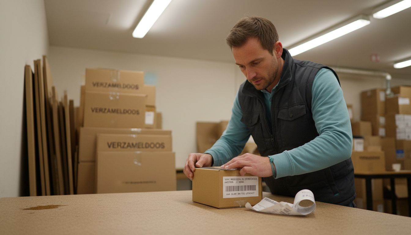 Een medewerker in de winkel controleert de afmetingen van een klein kartonnen doosje.