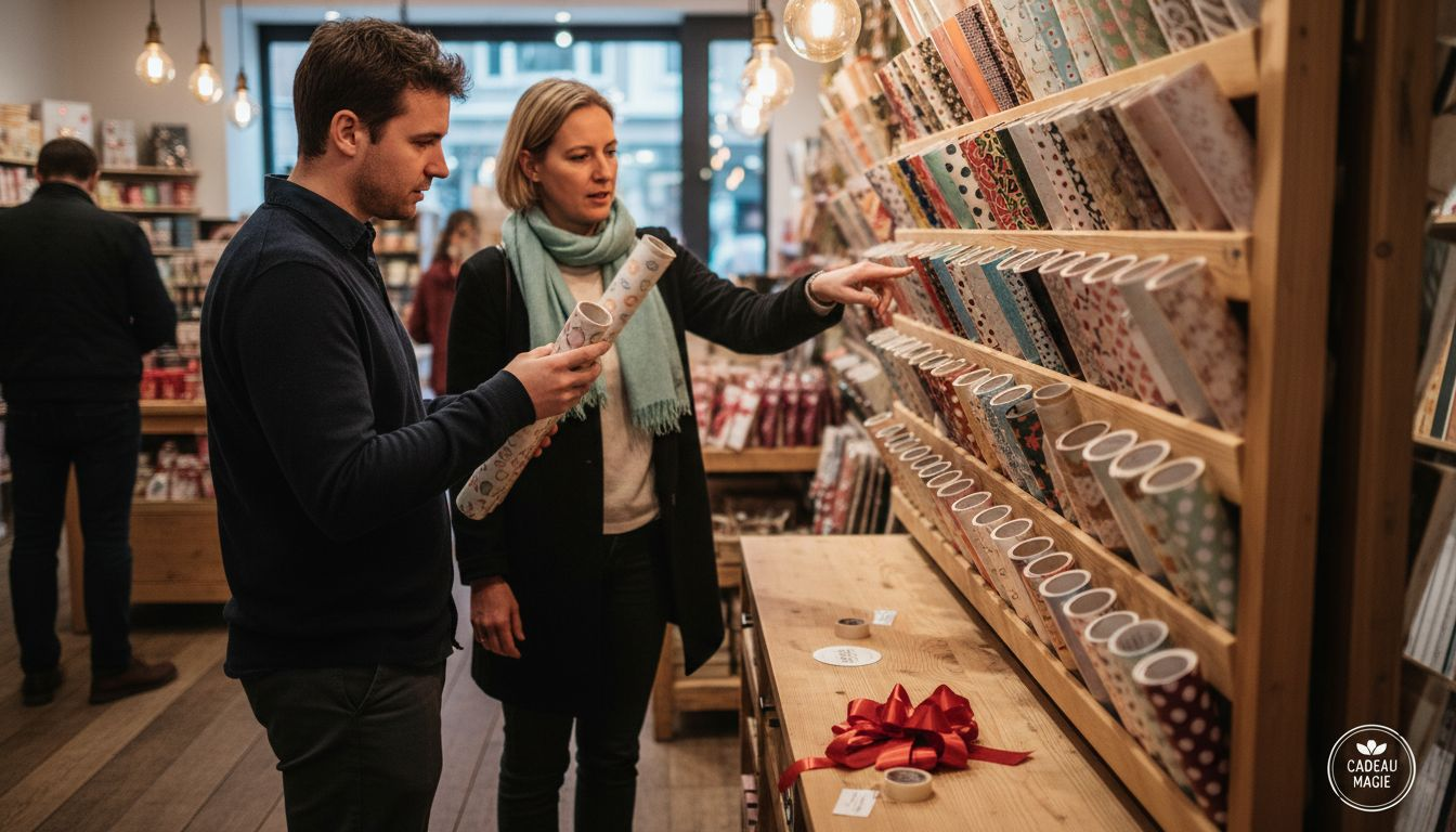 Bezoekers bewonderen uniek cadeaupapier bedrukt met hun eigen logo.