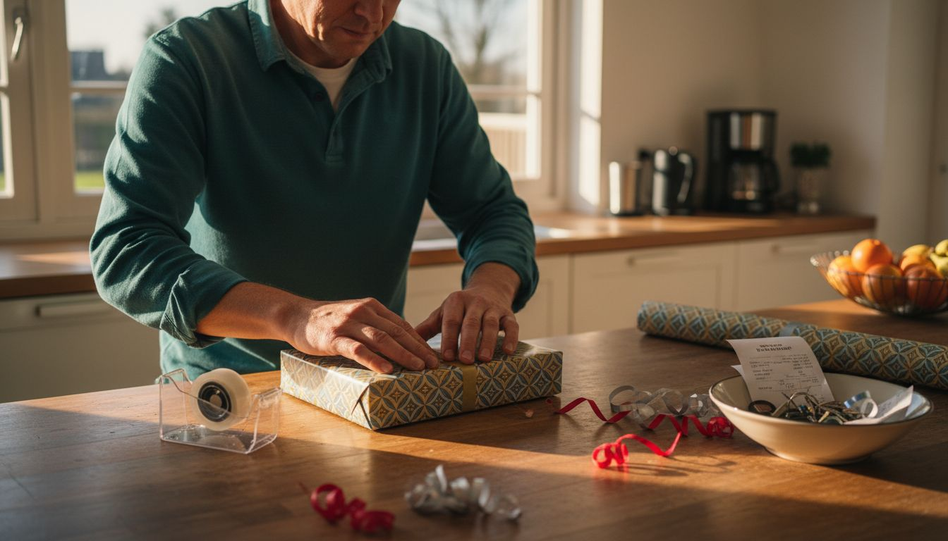 Man vouwt papier zorgvuldig om cadeau strak in te pakken