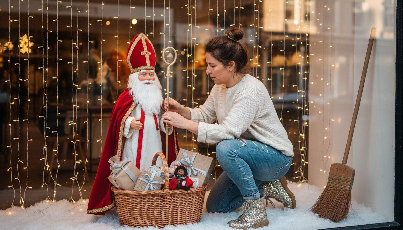 De decorateur plaatst een Sinterklaasfiguur in de etalage.