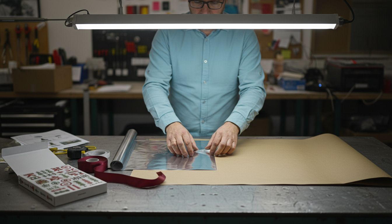 Man bekijkt verschillende soorten materiaal om cadeaus mooi in te pakken