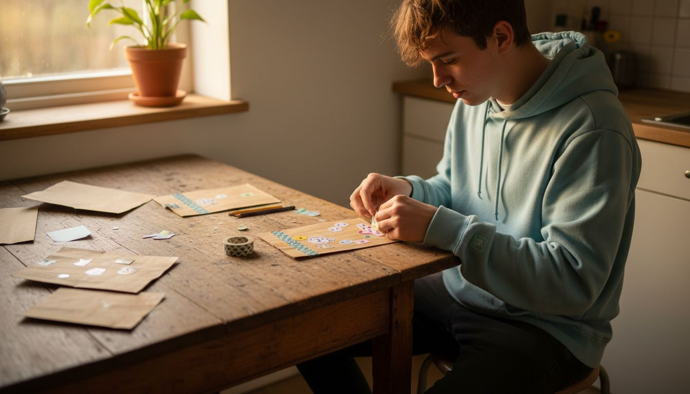 Man maakt cadeauzakje extra feestelijk met tape en vrolijke stickers