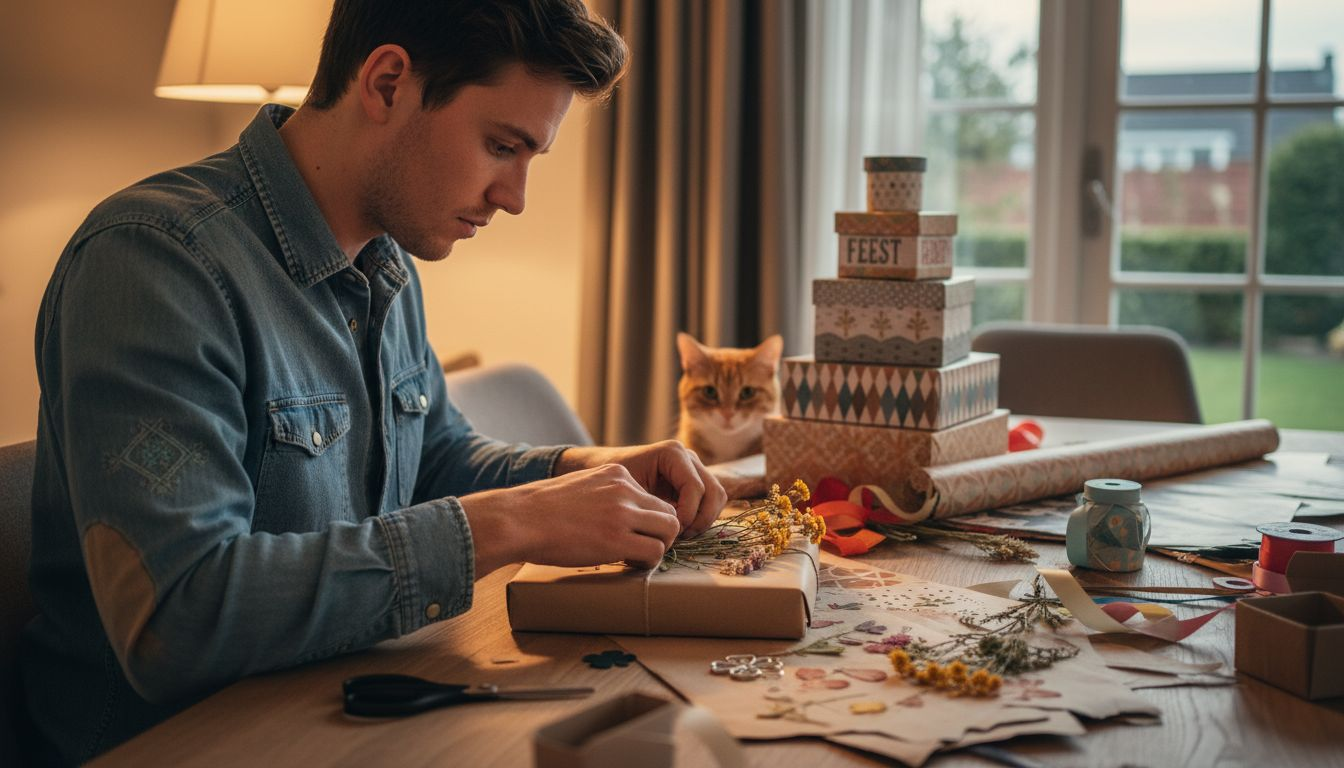 Een man maakt een ingepakt cadeau extra feestelijk door het te versieren.