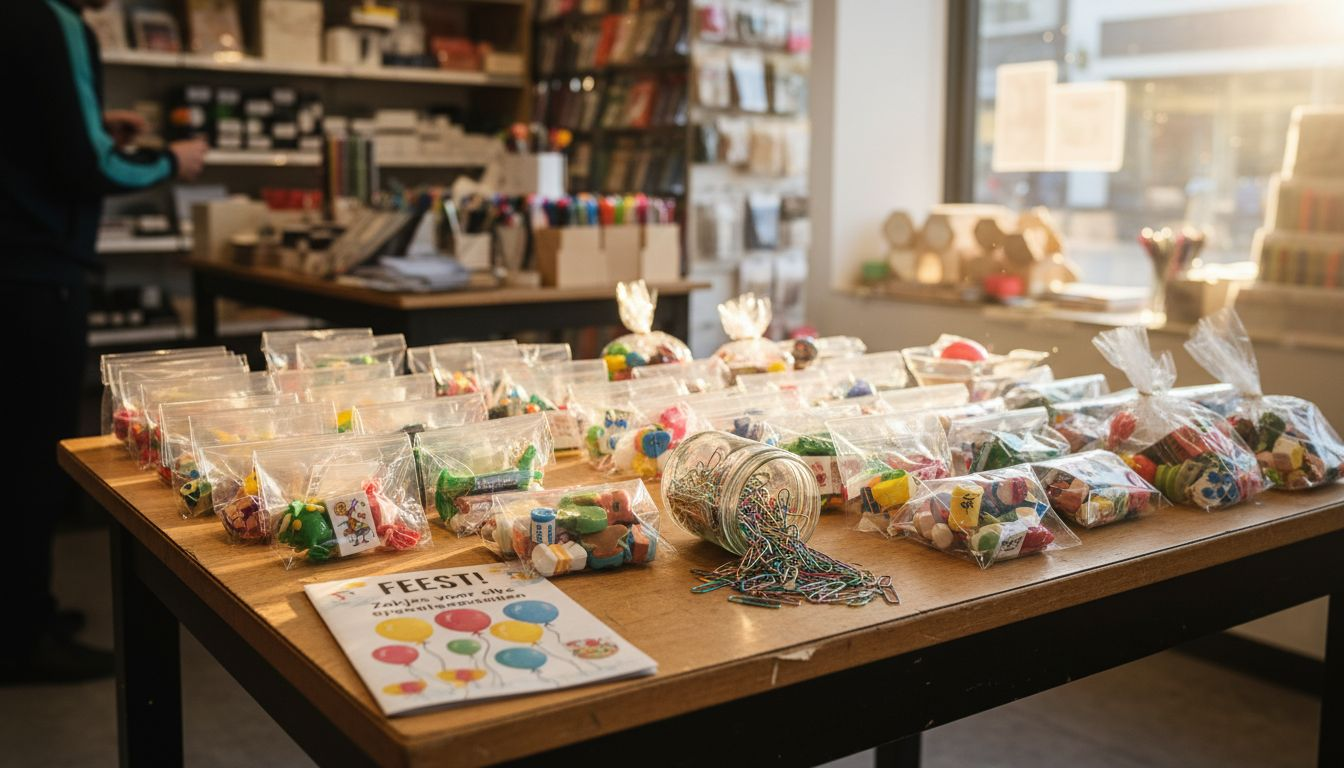 Op de tafels in de winkel liggen verschillende soorten plastic tasjes uitgestald.