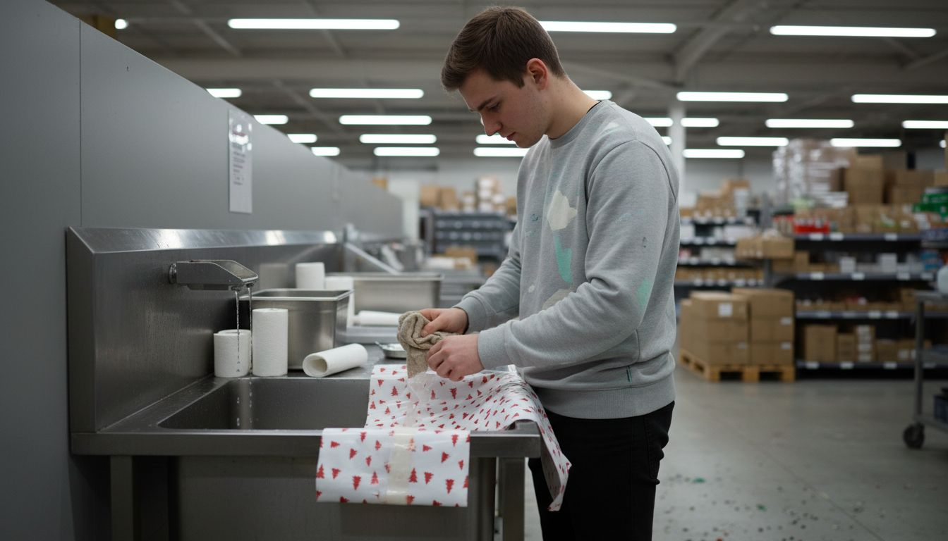 Man poetst oude cadeauverpakking op