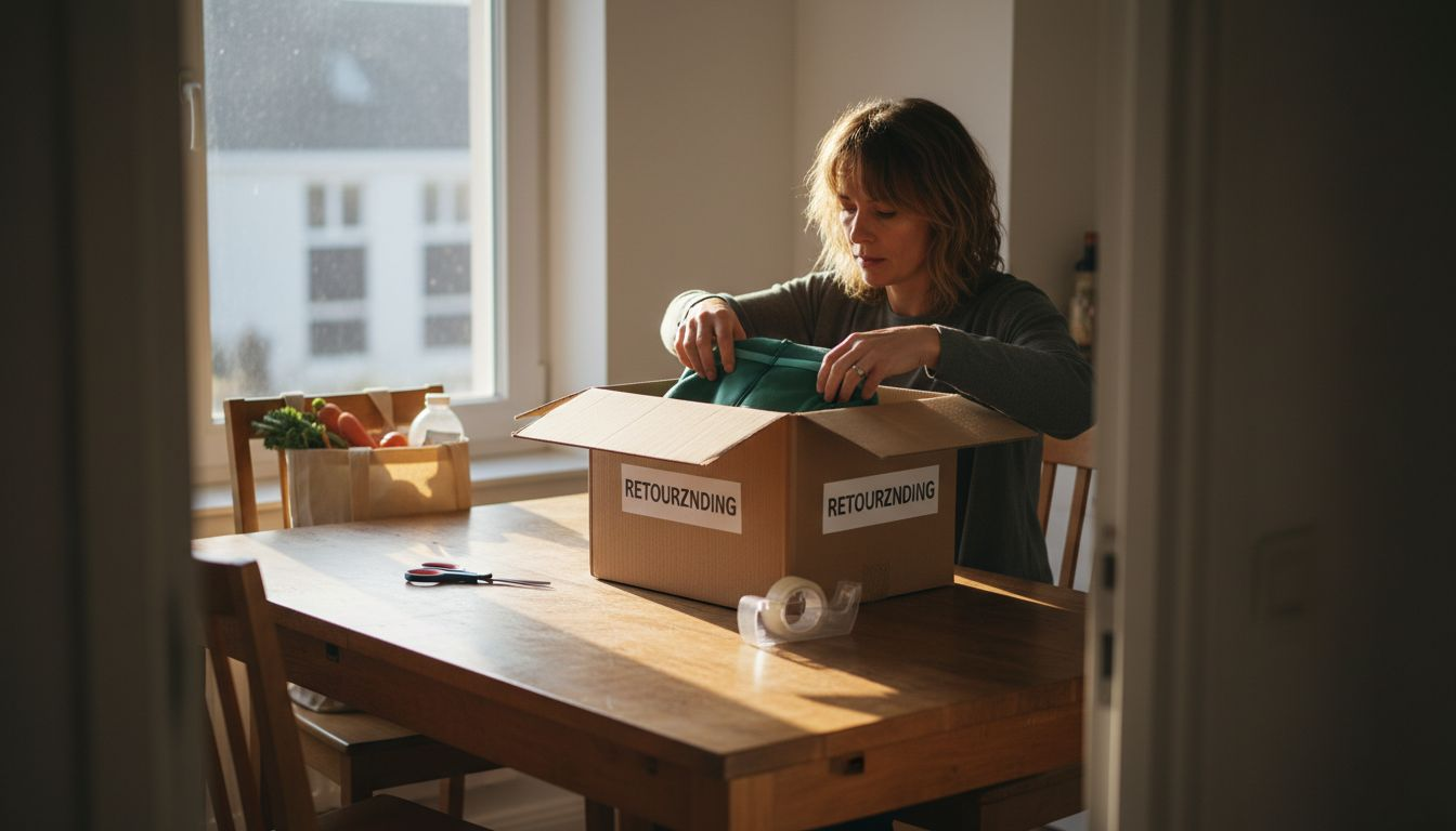 Een vrouw stopt het product weer terug in een grote doos.