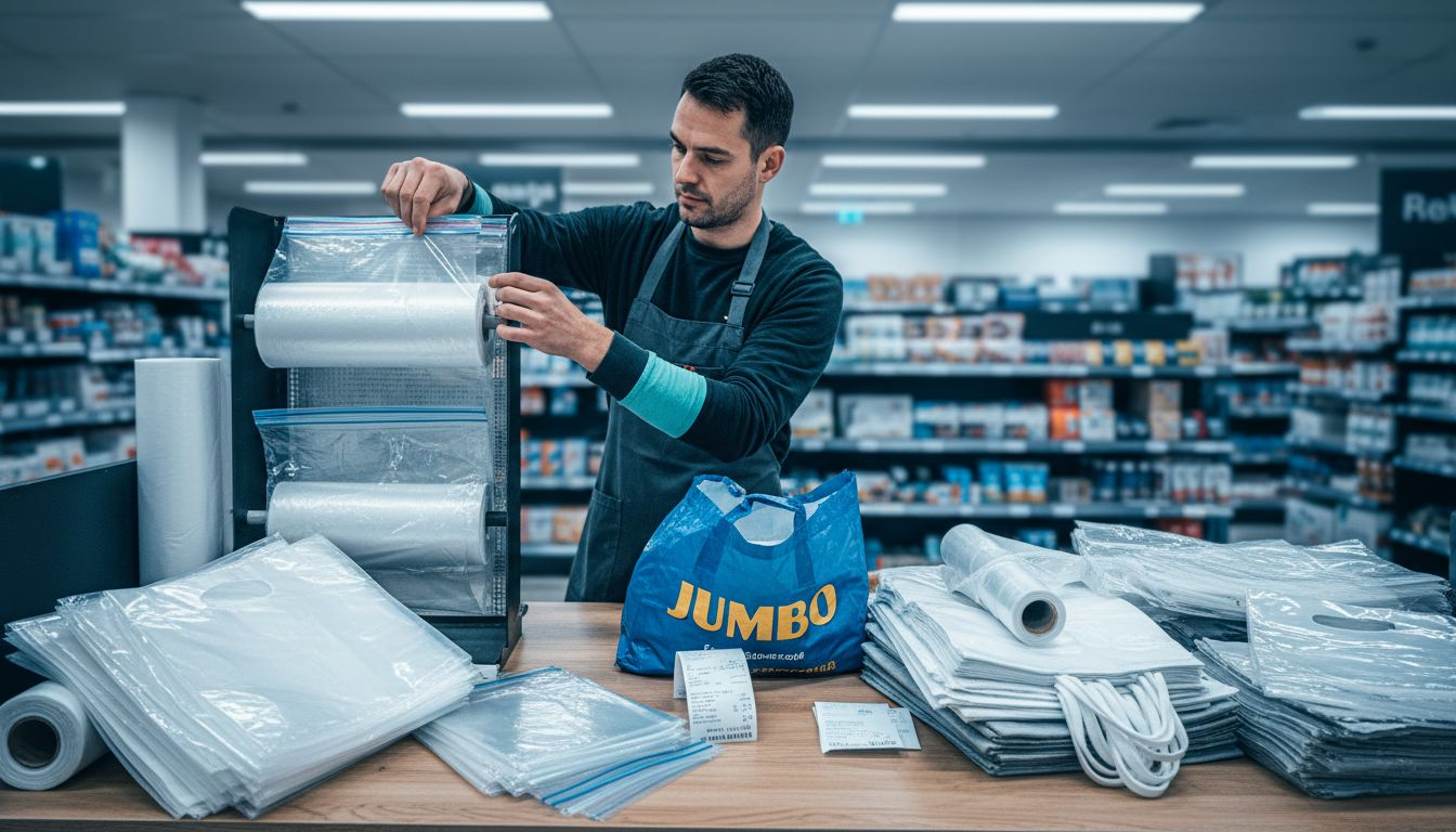 Winkelmedewerker met een assortiment aan verschillende plastic tasjes