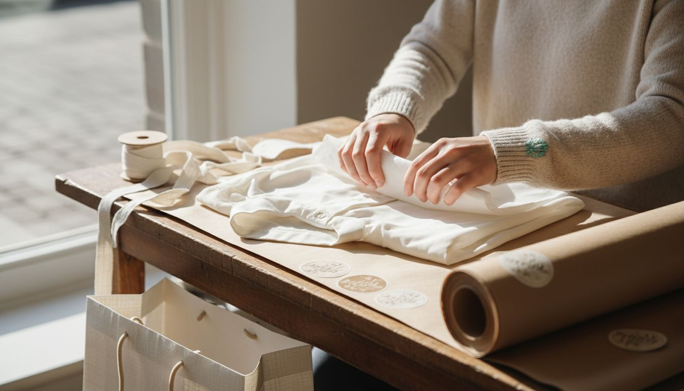 De verkoopster wikkelt de blouse zorgvuldig in vloeipapier.