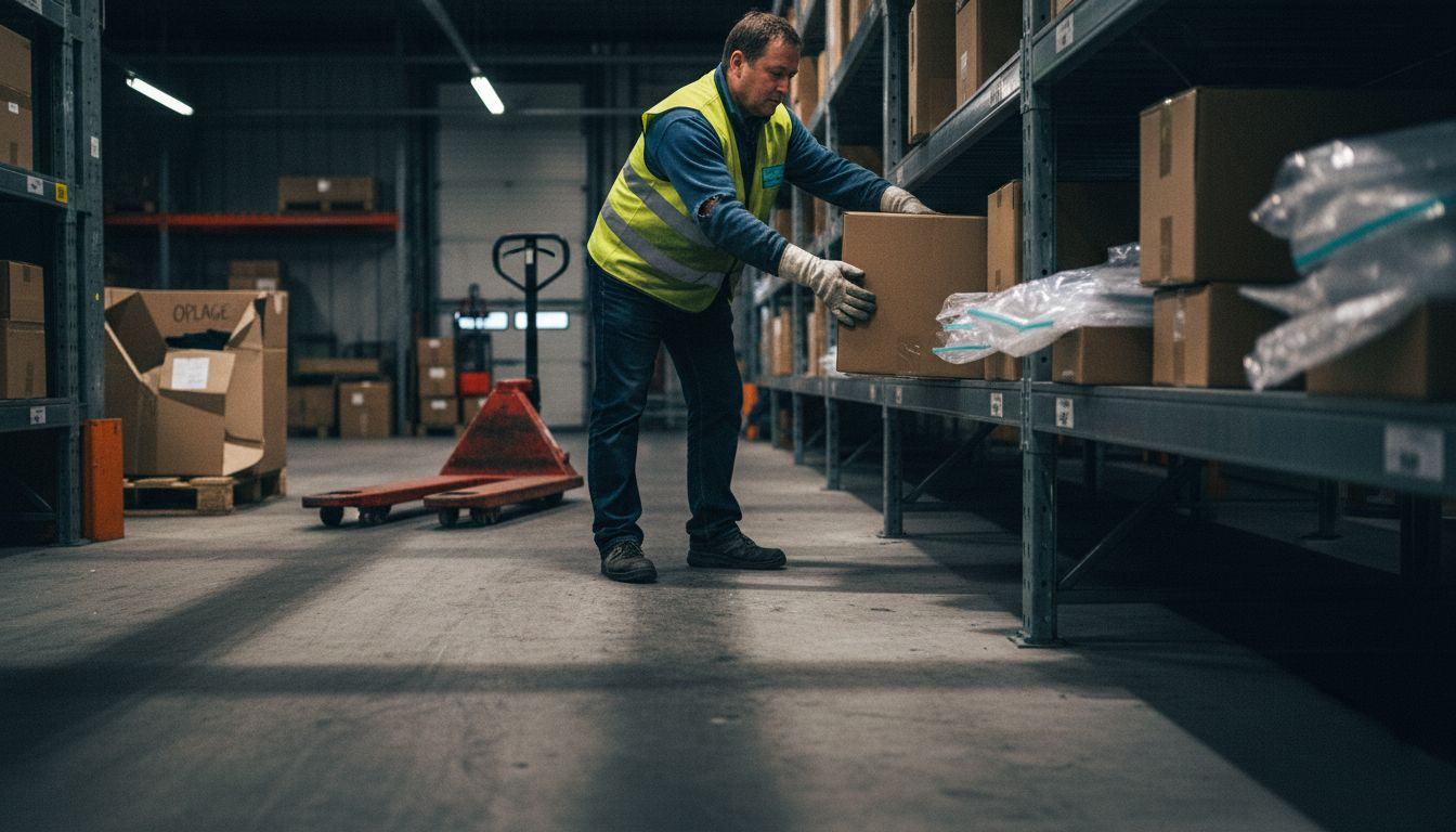 Een magazijnmedewerker verplaatst een voorraad plastic tasjes naar een andere plek.
