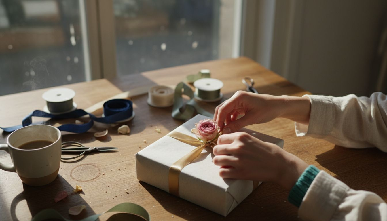 Een paar handen versieren een cadeau met een sierlijk roze lint en een roos.