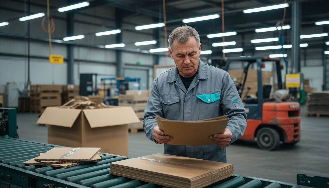 Een technicus controleert dozen van gerecycled karton op kwaliteit.