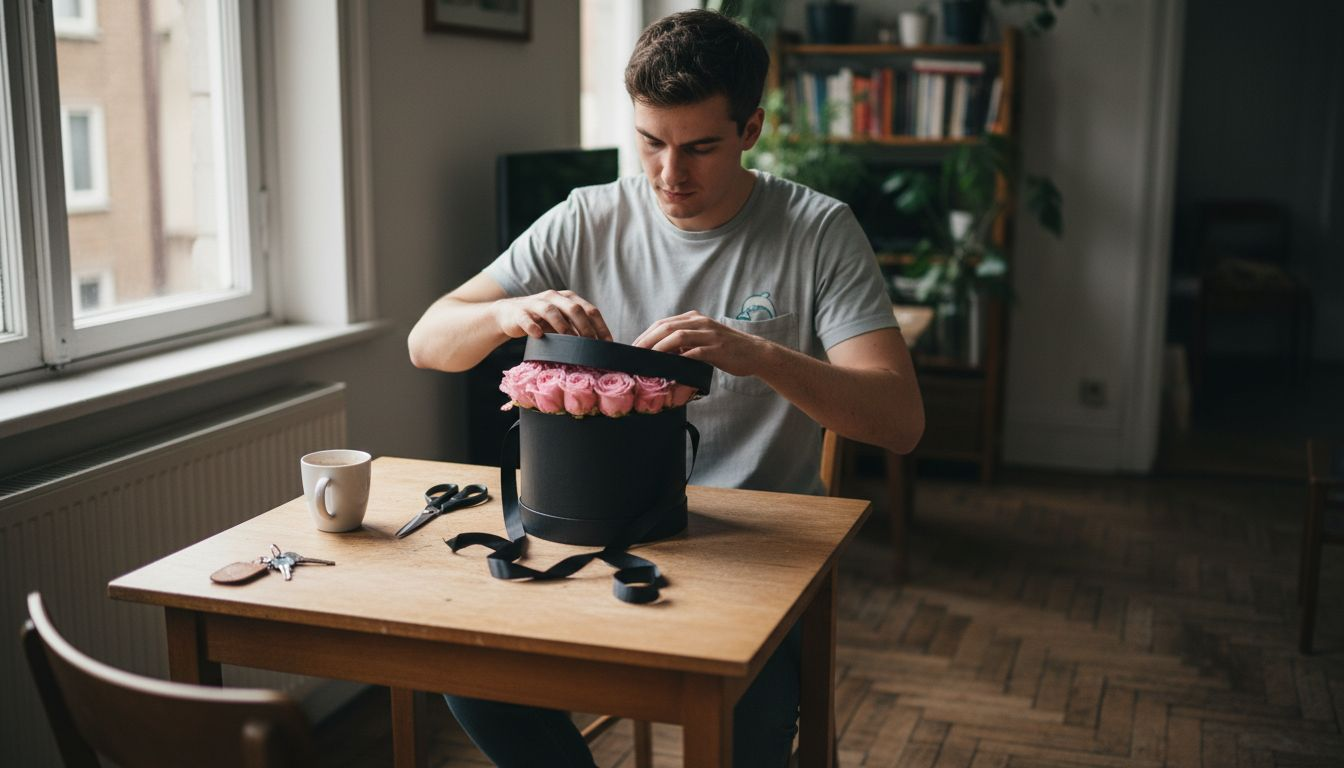 Een man opent een hoedendoos waar prachtige rozen in liggen.