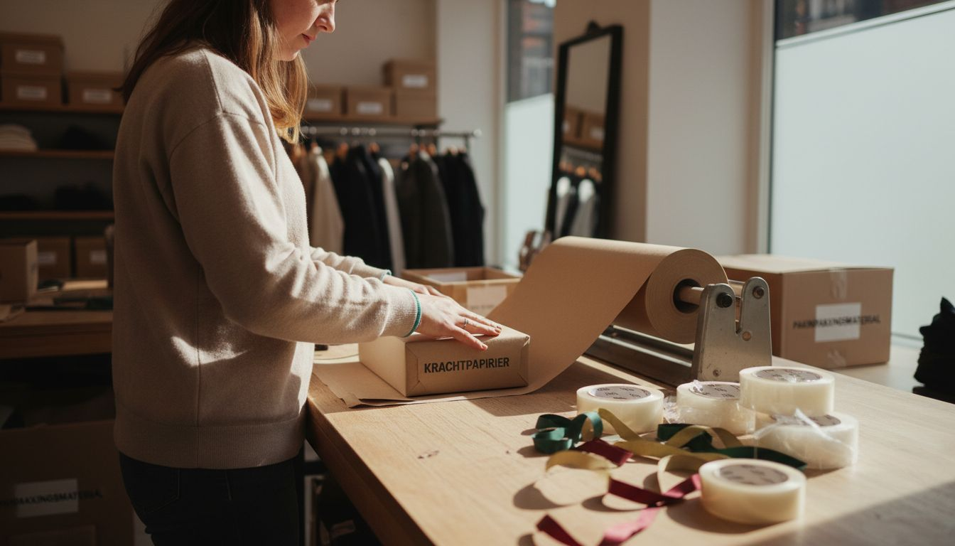 Een medewerker in de winkel pakt een cadeau zorgvuldig in met stevig bruin kraftpapier.