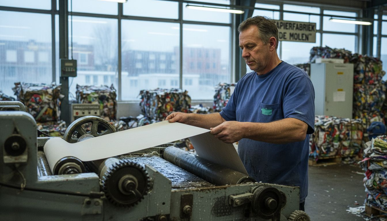 Medewerker controleert de productielijn voor gerecycled papier