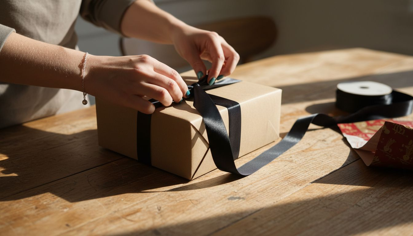 Close-up van het netjes schikken van een zwart satijnen lint