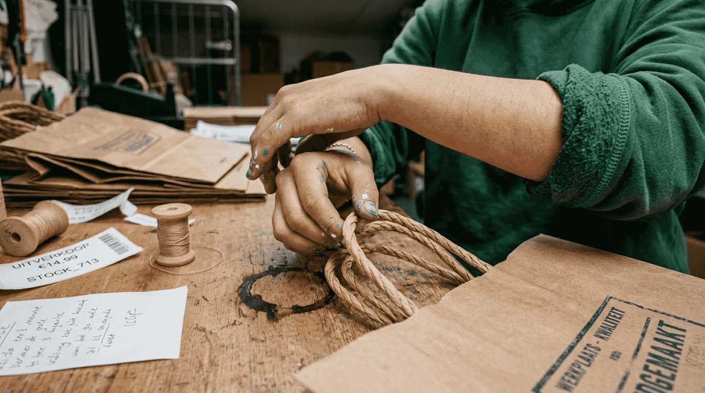 Een medewerker controleert of de verstevigde tasgrepen goed vastzitten.