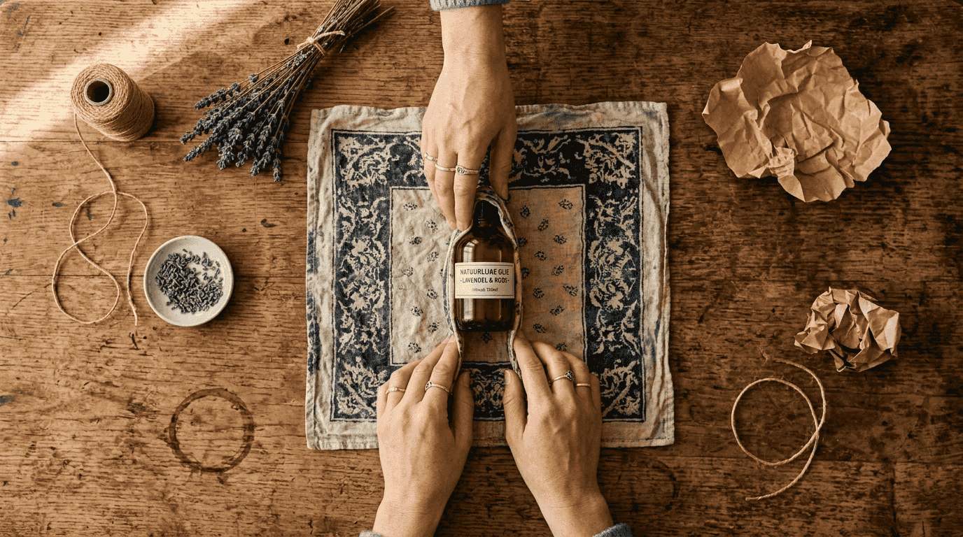 Mit beiden Händen wird eine Flasche sorgfältig in ein Furoshiki-Tuch eingewickelt.