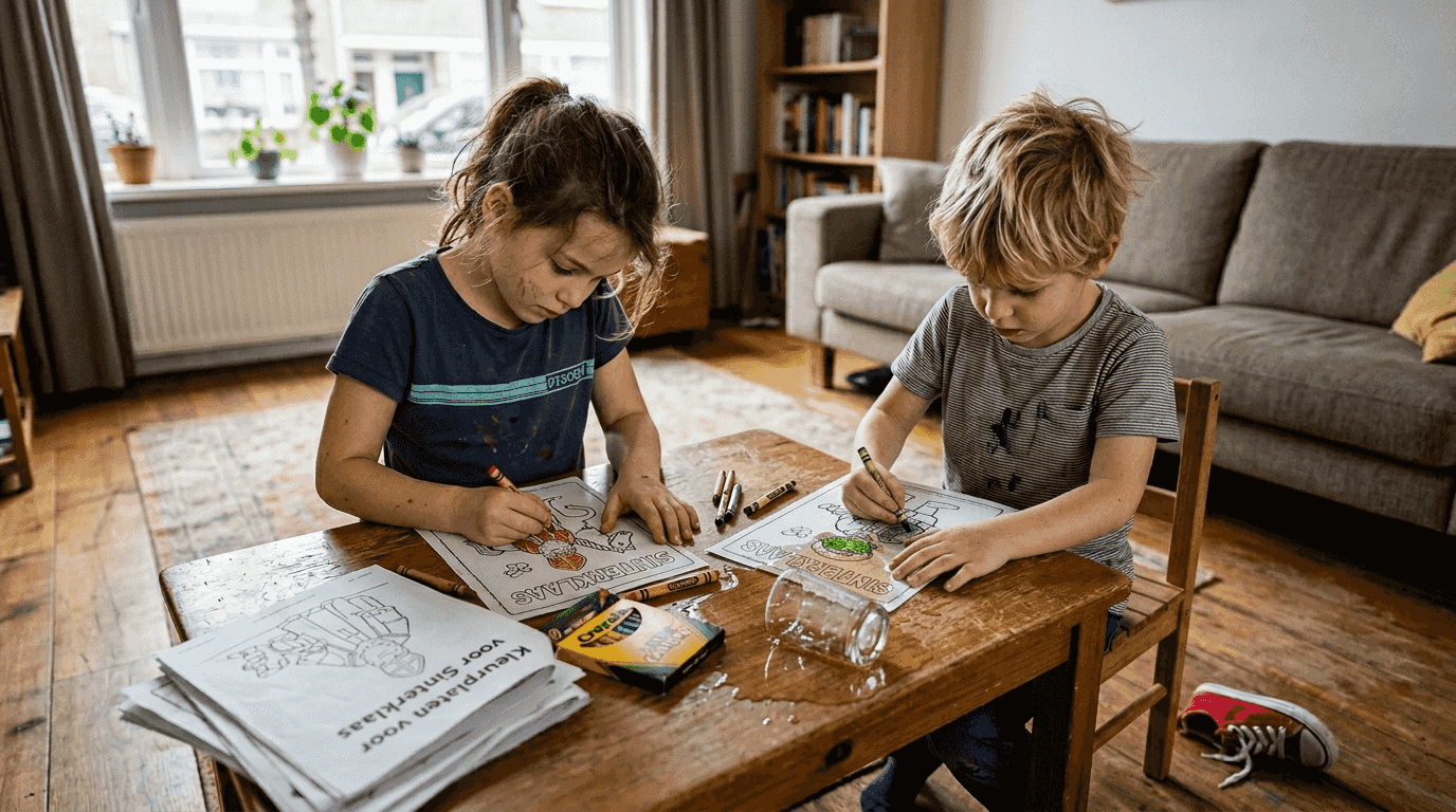 Die Kinder sind damit beschäftigt, eine schwarz-weiße Sinterklaas-Zeichnung auszumalen.