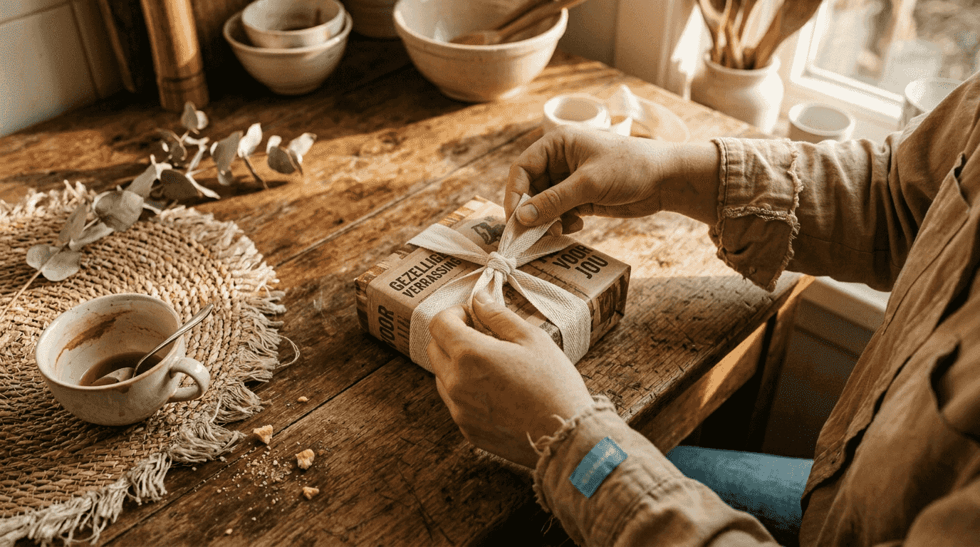 Hands knotting fabric around rectangular gift
