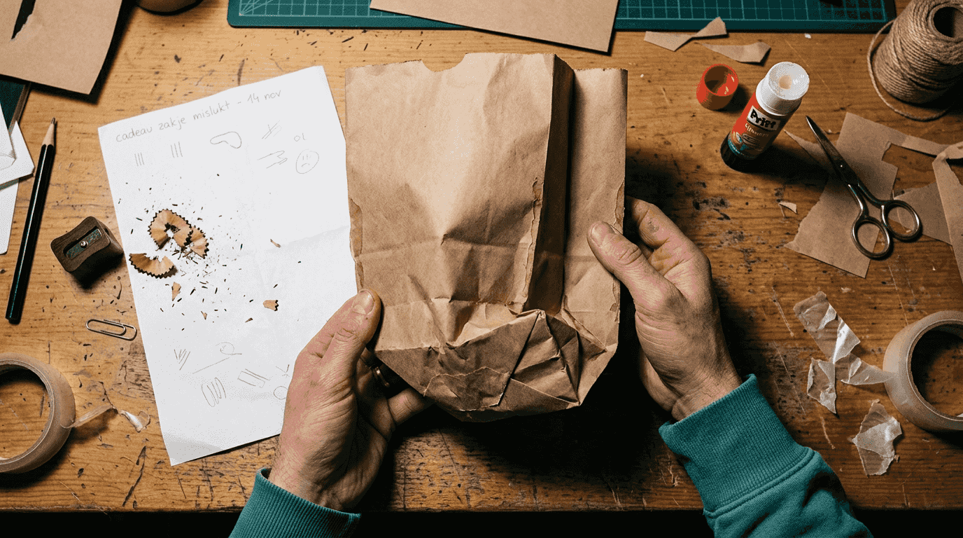 Een slordig gevouwen cadeautasje ligt tussen de rommel op het bureau.