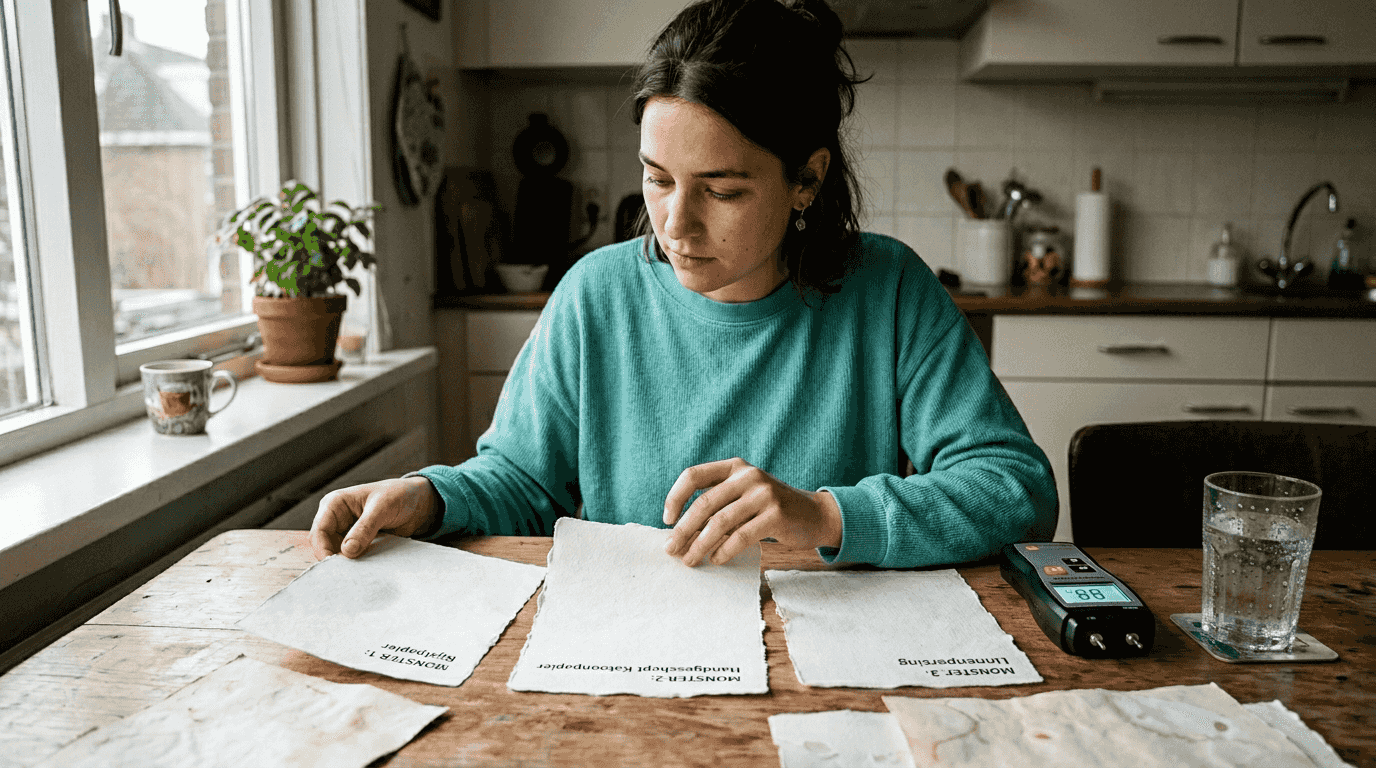 Iemand controleert het gramgewicht en het vochtgehalte van papier.
