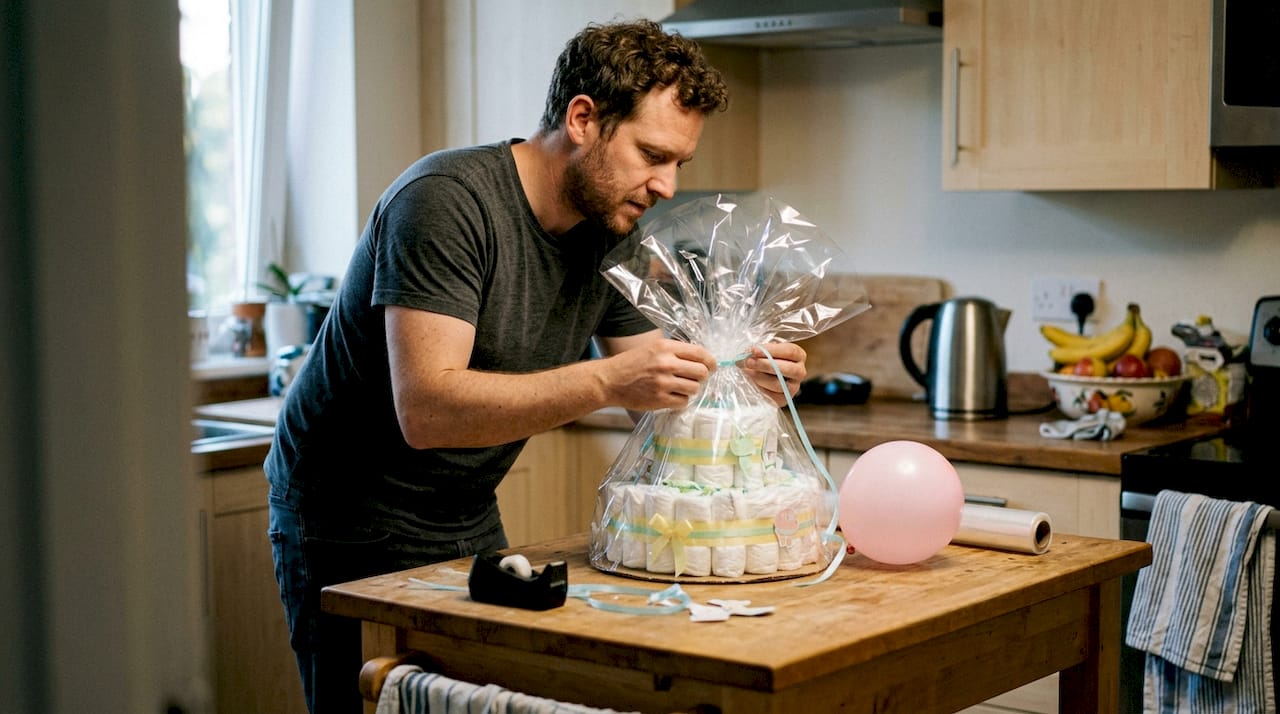 Man maakt van een luiertaart een feestelijk cadeau met een ballon erbij