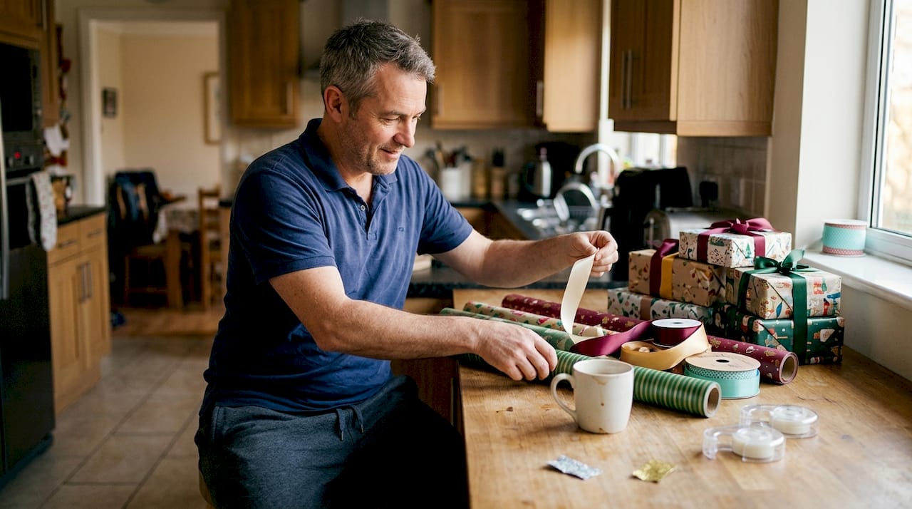 Een man is in de keuken bezig met het uitzoeken van cadeaupapier en linten.