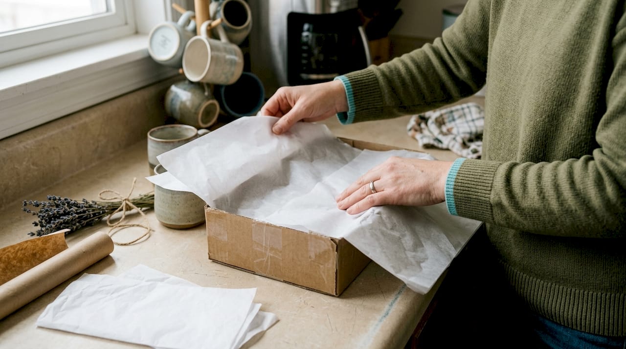 Twee handen die een cadeautje mooi inpakken met vloeipapier.