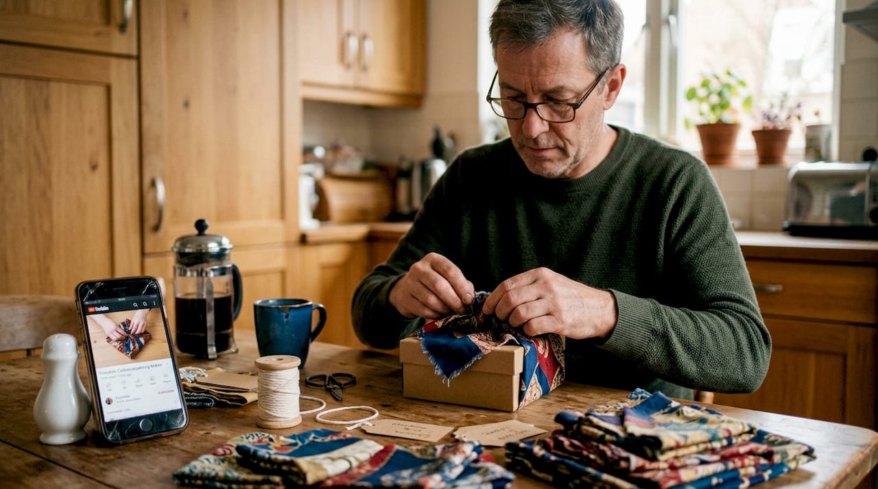 Een man pakt een cadeau in met een traditionele Japanse furoshiki-doek.