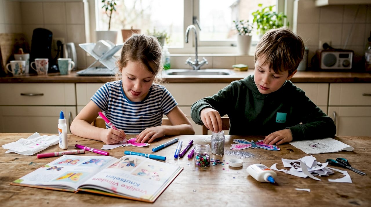 Kinderen maken vrolijke, roze vlinders van papier tijdens het knutselen.