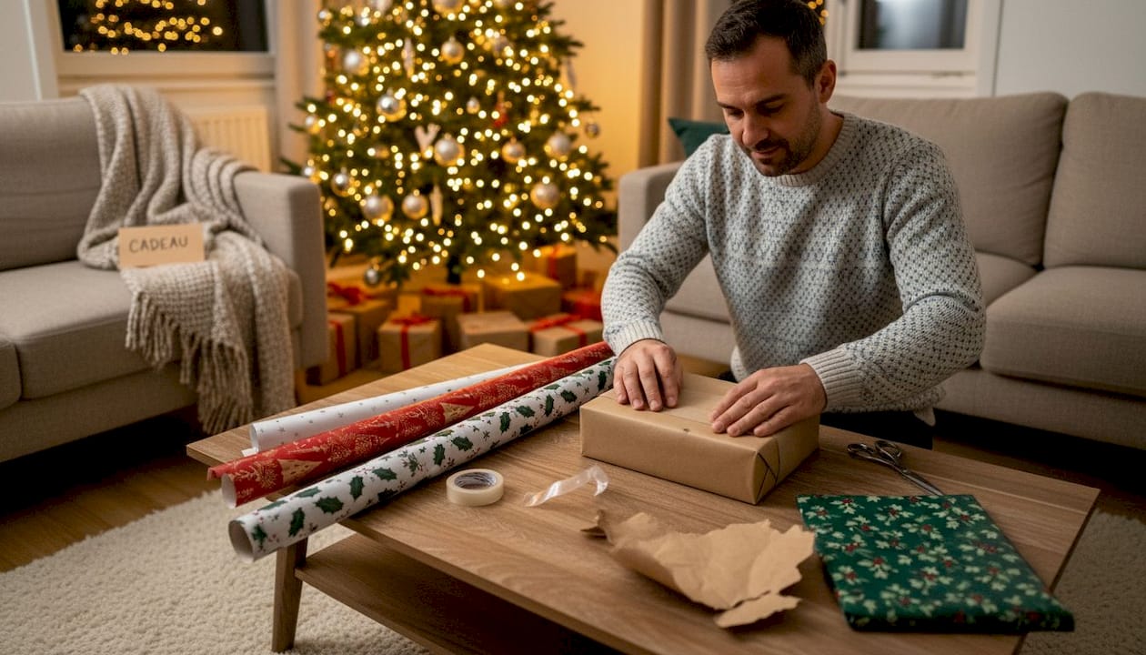 Een man wikkelt een cadeau in met vrolijk kerstpapier in allerlei verschillende patronen.